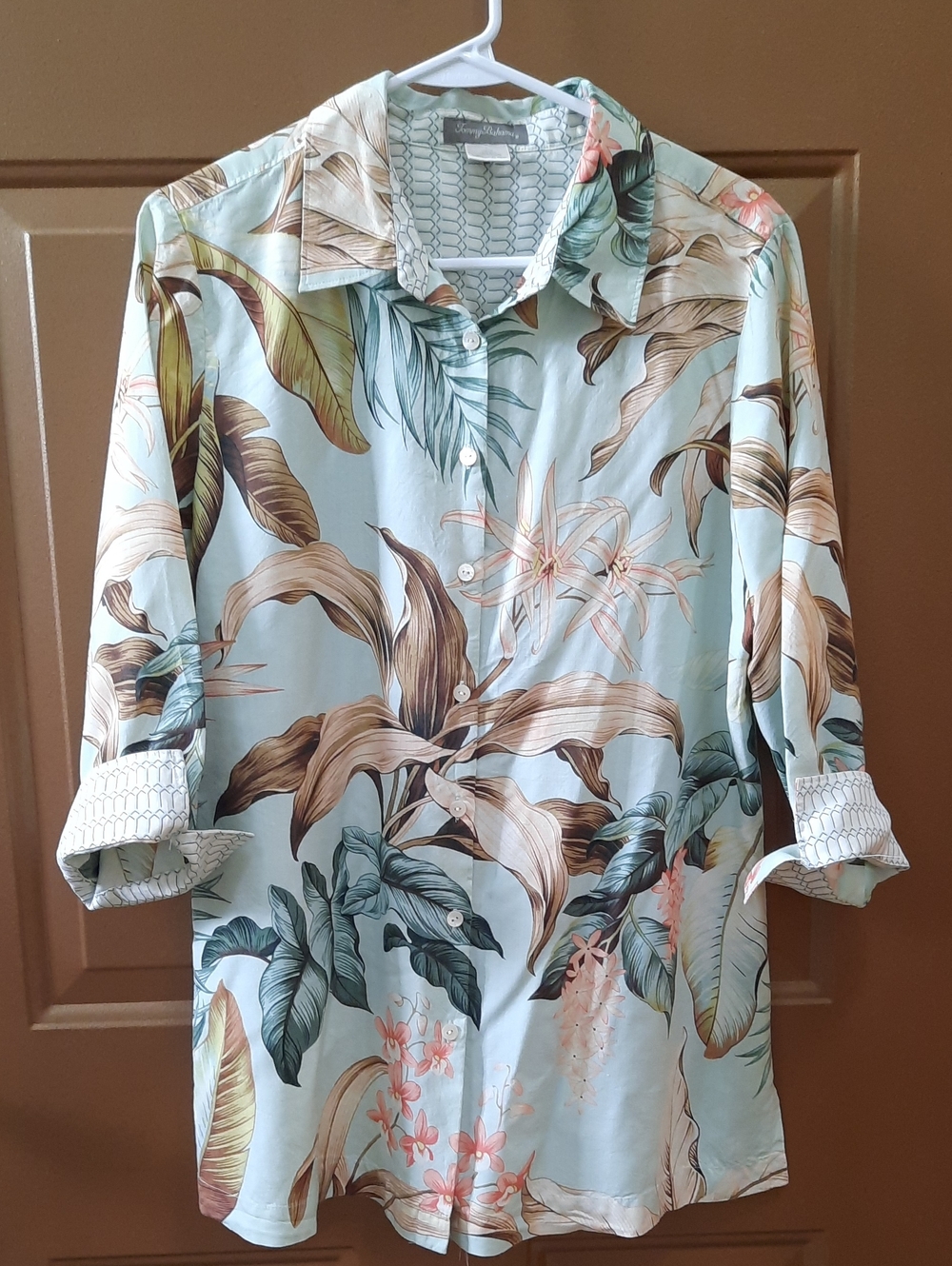 Tommy Bahama Silk Jungle Print Button-Up Shirt in Mint & Brown